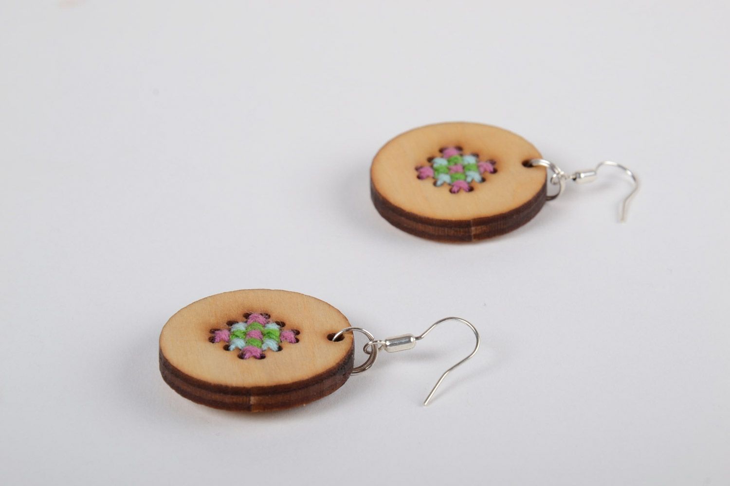 Handmade round plywood earrings with embroidery for bright and beautiful girls photo 2