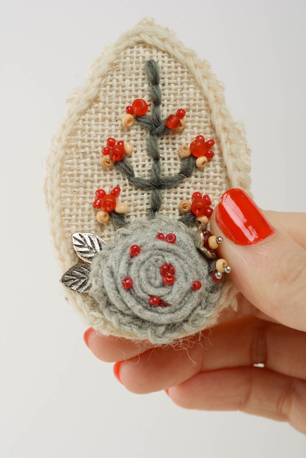 Handmade light designer brooch crocheted of natural wool embroidered with beads photo 2