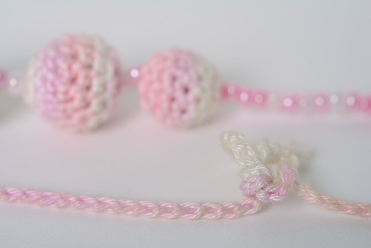 Handmade tender pink sling bead necklace crocheted of cotton threads for moms photo 5