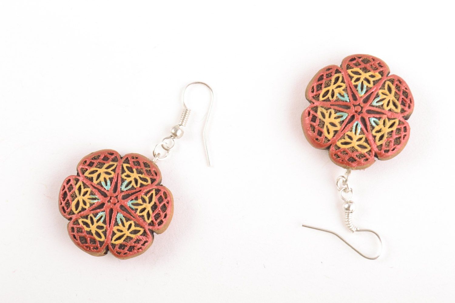 Handmade bright painted ceramic dangling earrings in the shape of flowers photo 5