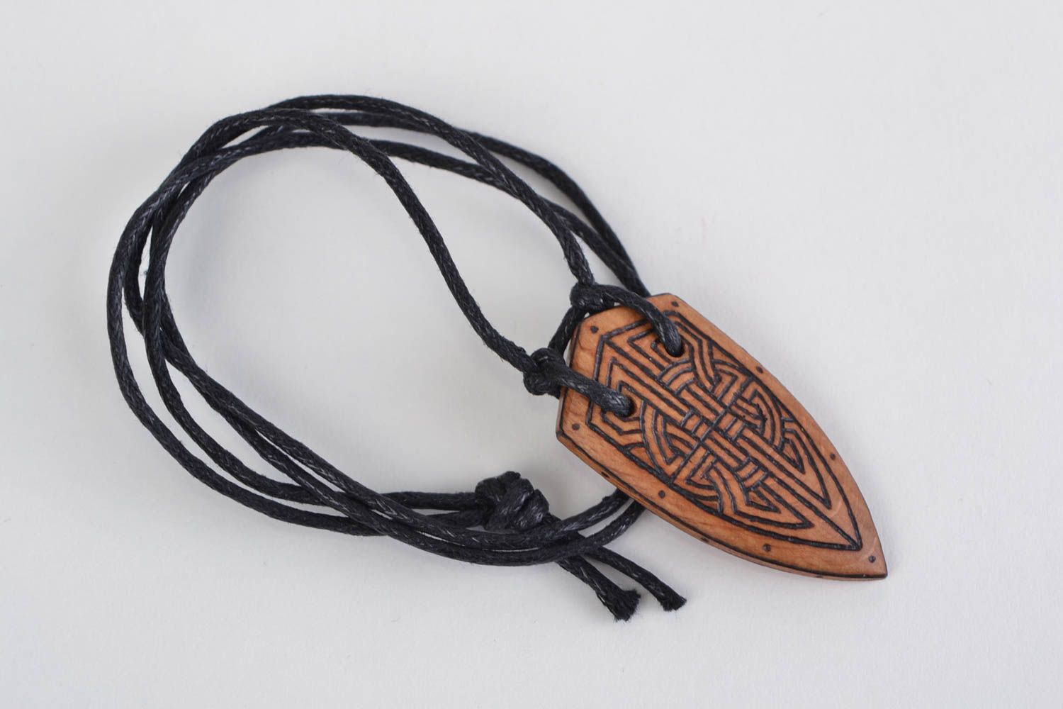 Beautiful designer handmade shield shaped wooden neck pendant with pyrography photo 1