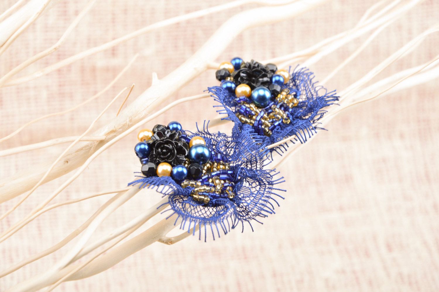 Handmade massive beaded stud earrings with lace in black and dark blue colors photo 5