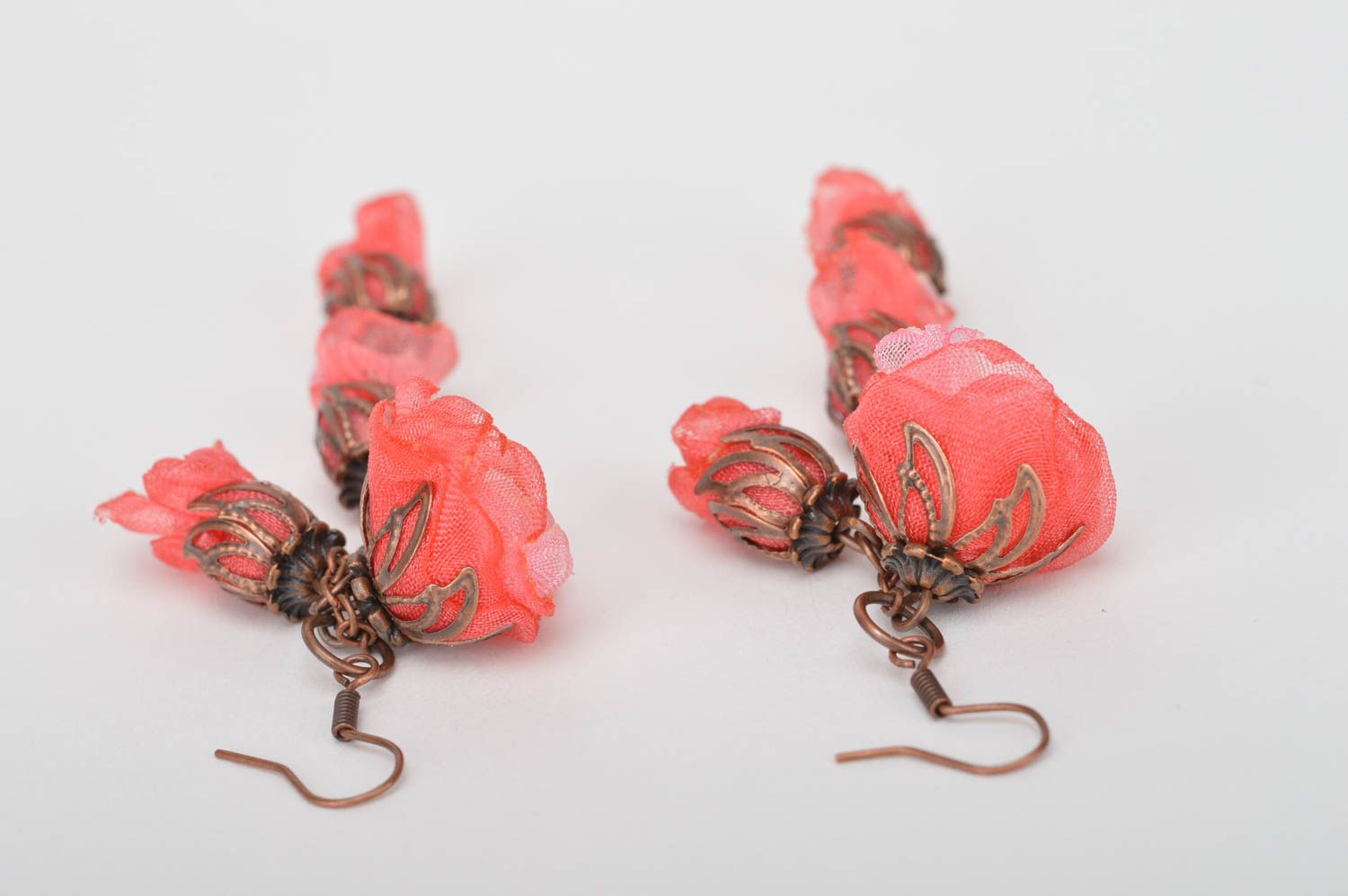 Handmade unusual long earrings flower textile accessory beautiful earrings photo 5