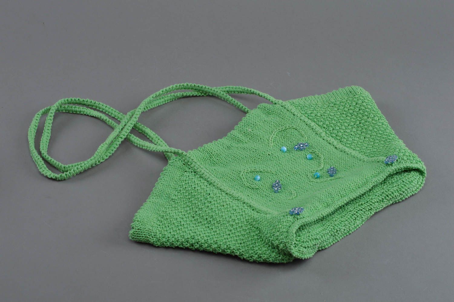 Knitted stylish shoulder bag of green color cotton handmade roomy purse photo 1