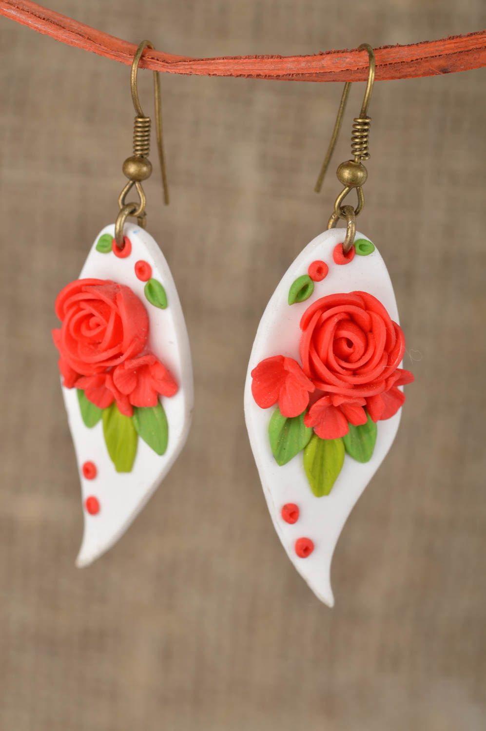 Long red-white handmade polymer clay earrings for stylish ladies photo 1