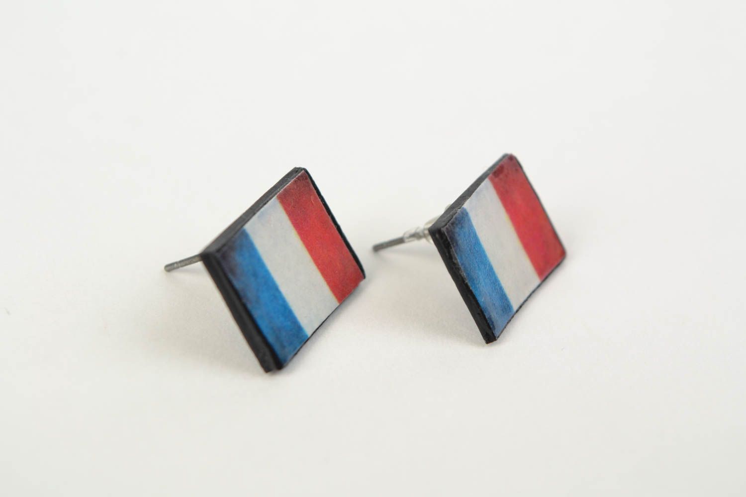 Handmade bright decoupage plastic stud earrings Flag of France photo 5