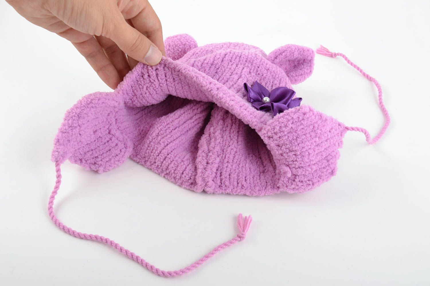 Purple knitted hat for baby girl 270 mm warm winter beautiful handmade cap photo 3