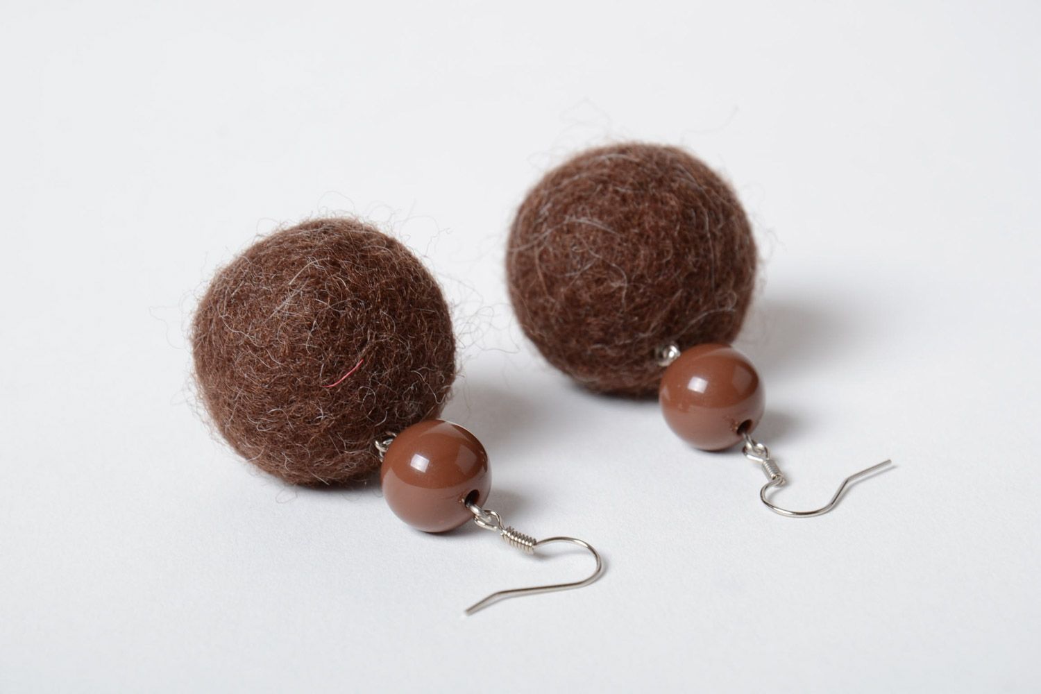 Brown handmade soft felted wool earrings with beads photo 5