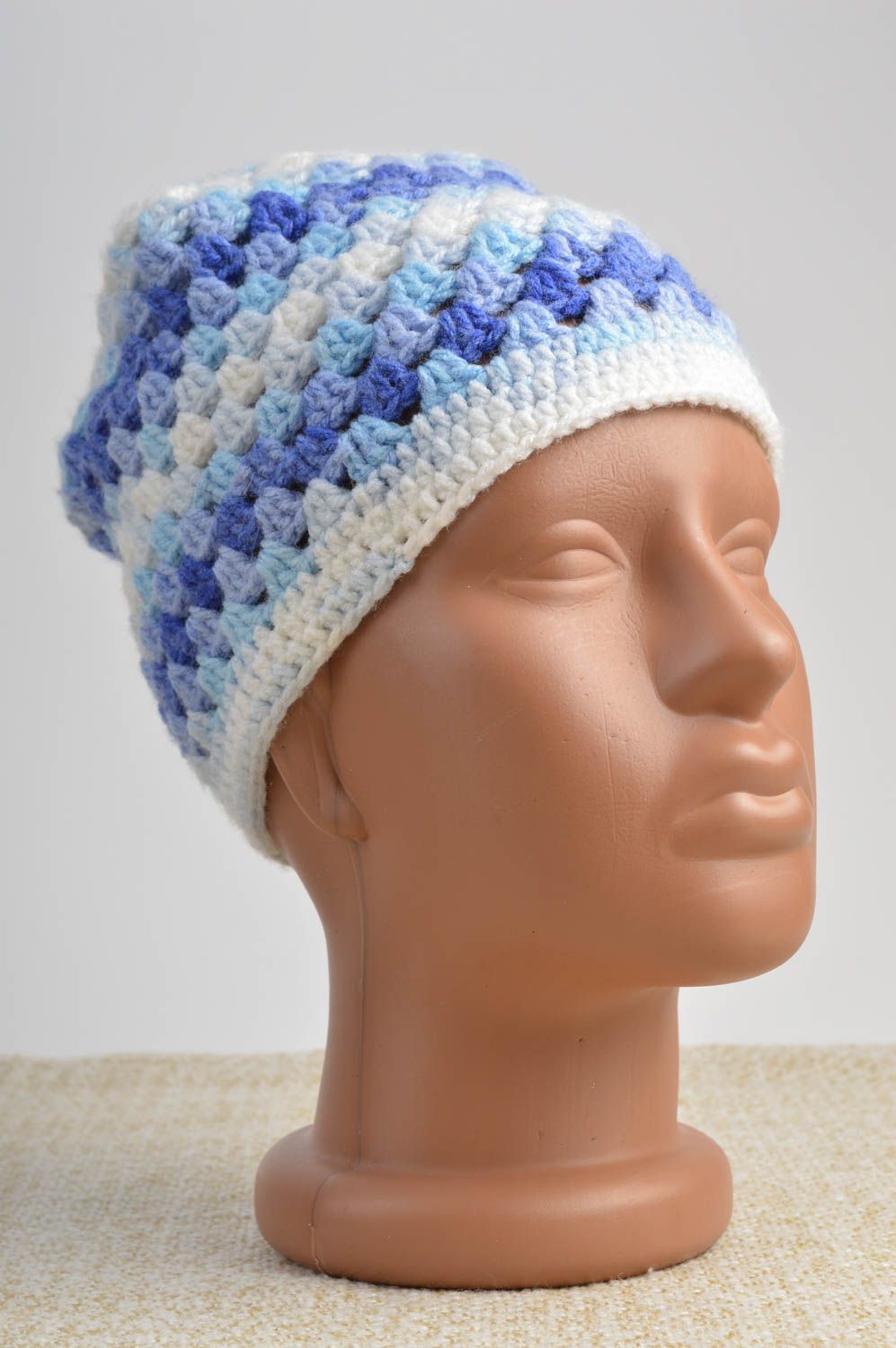 Bonnet tricot Chapeau au crochet bleu blanc coton acrylique Vêtement enfant photo 2