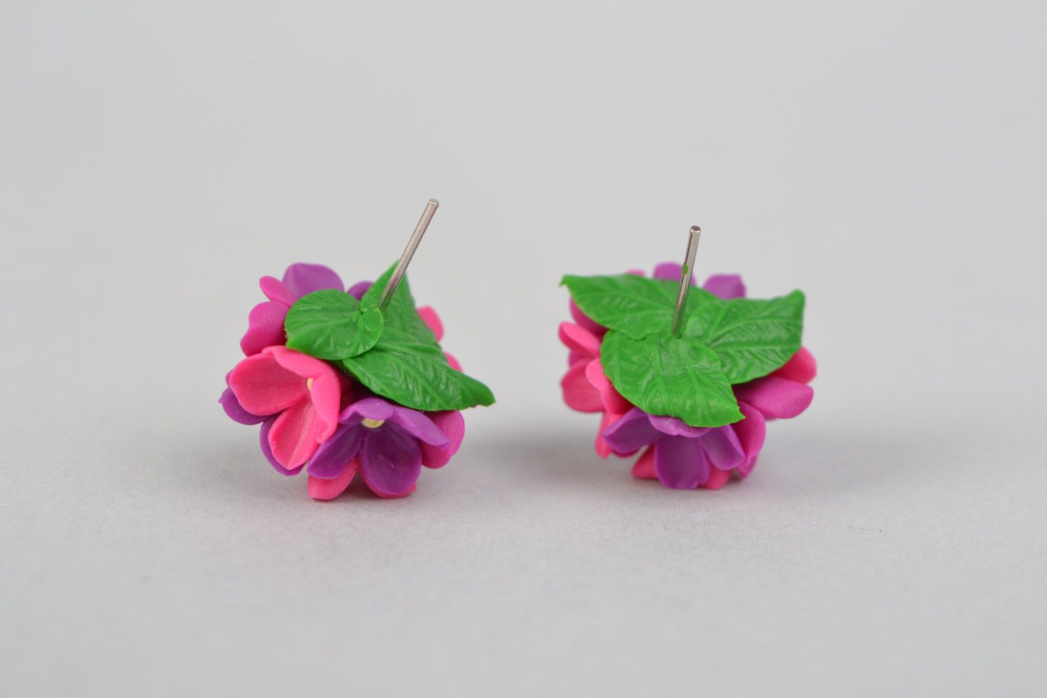 Homemade small stud earrings with bright pink polymer clay flower bouquets photo 5
