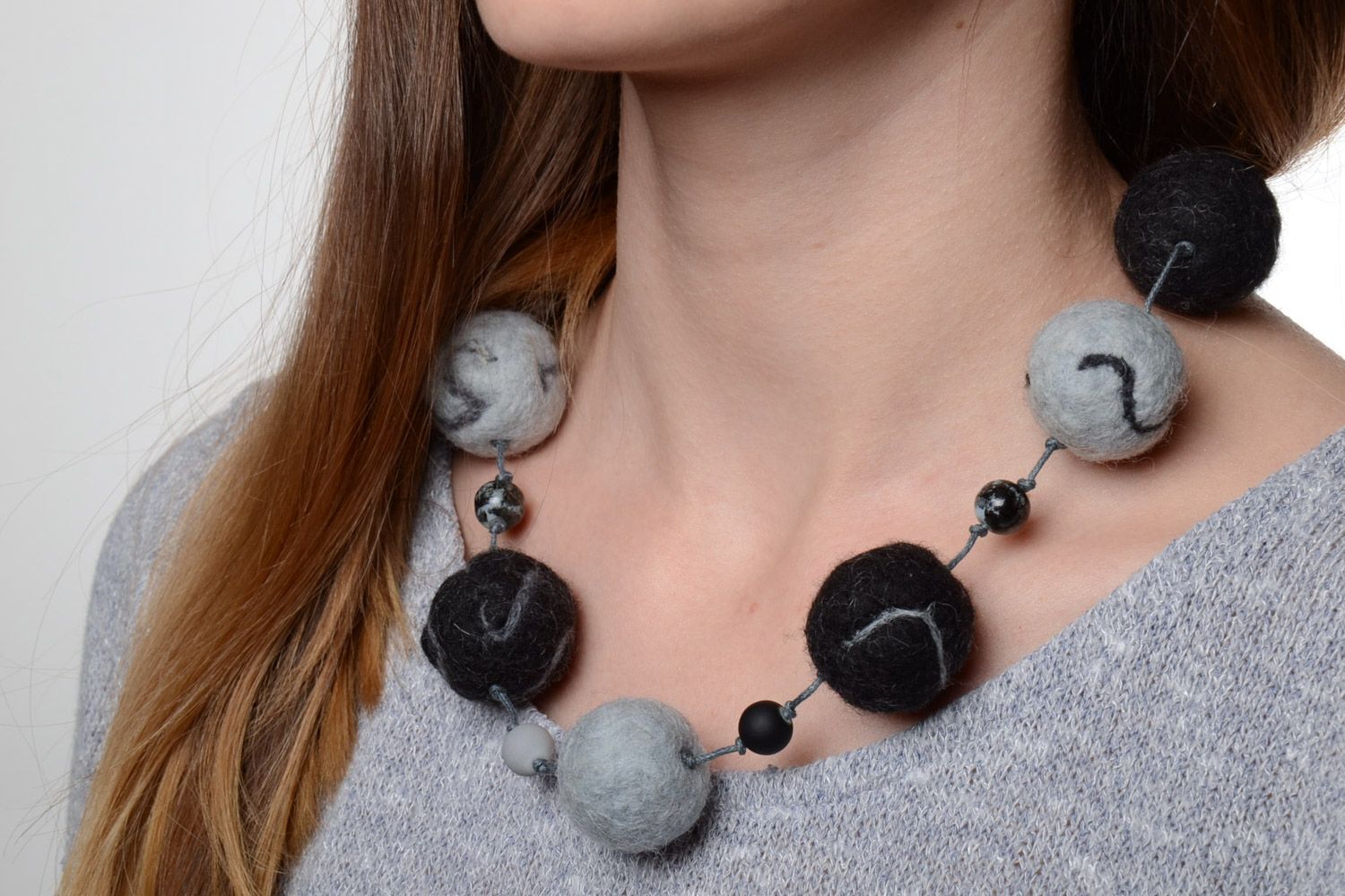 Designer handmade beaded necklace of wool using the technique of felting gray and black photo 1