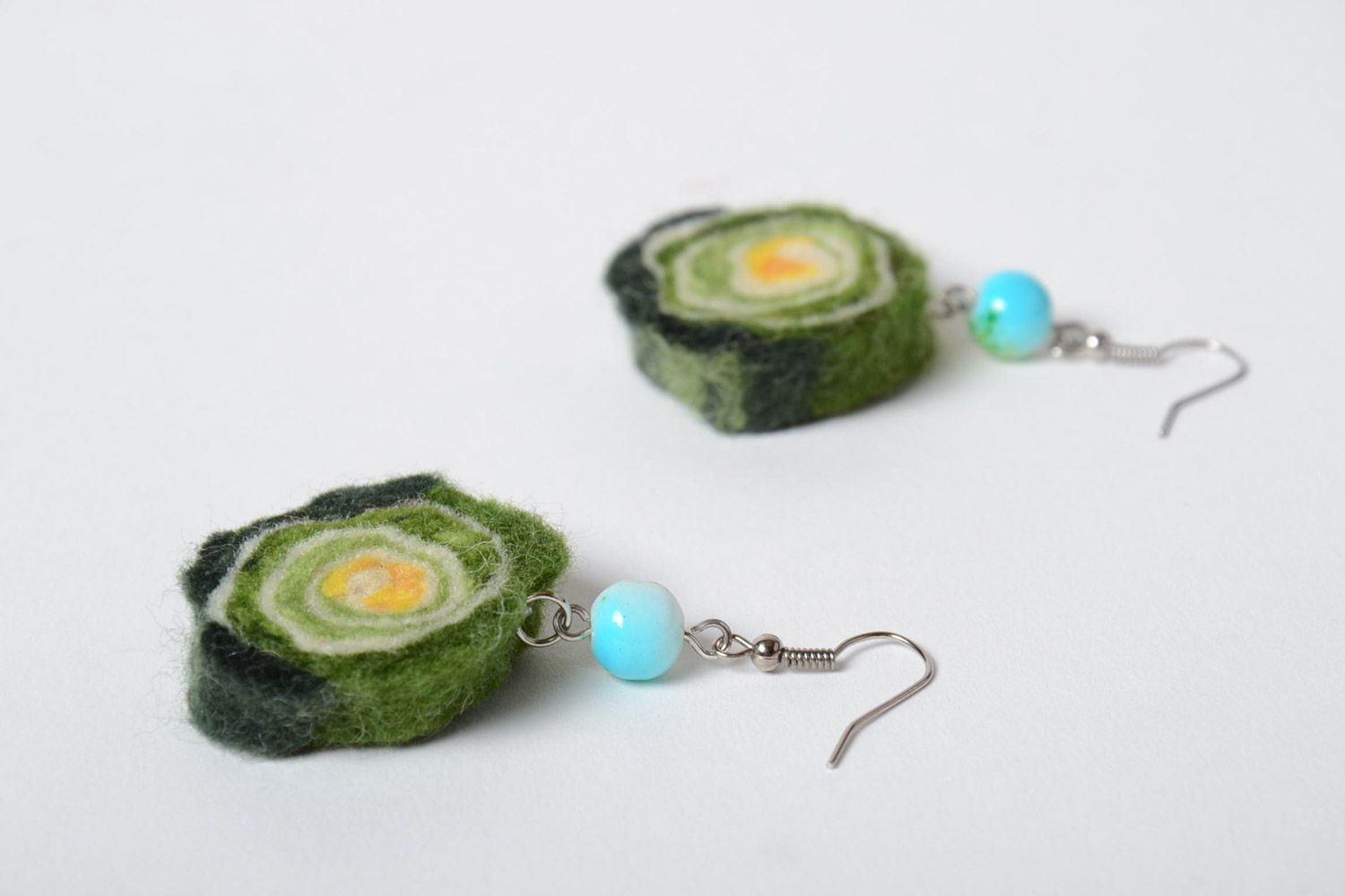 Green handmade designer felted wool ball earrings with beads photo 2