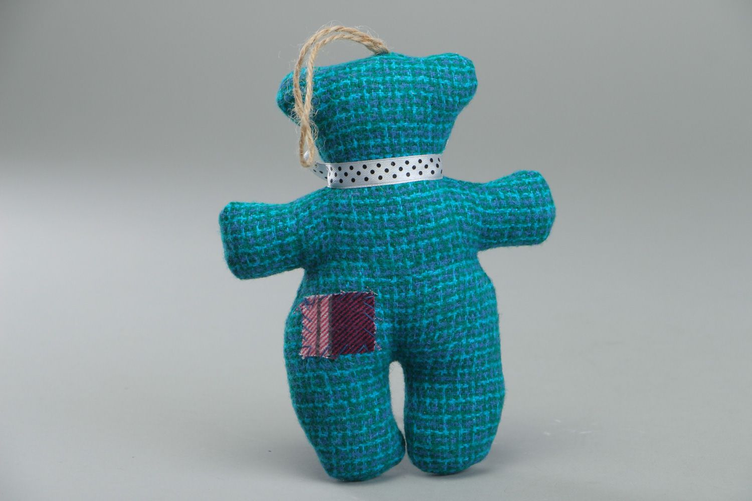 Cute handmade soft toy bear sewn of fabric of turquoise color with eyelet photo 3