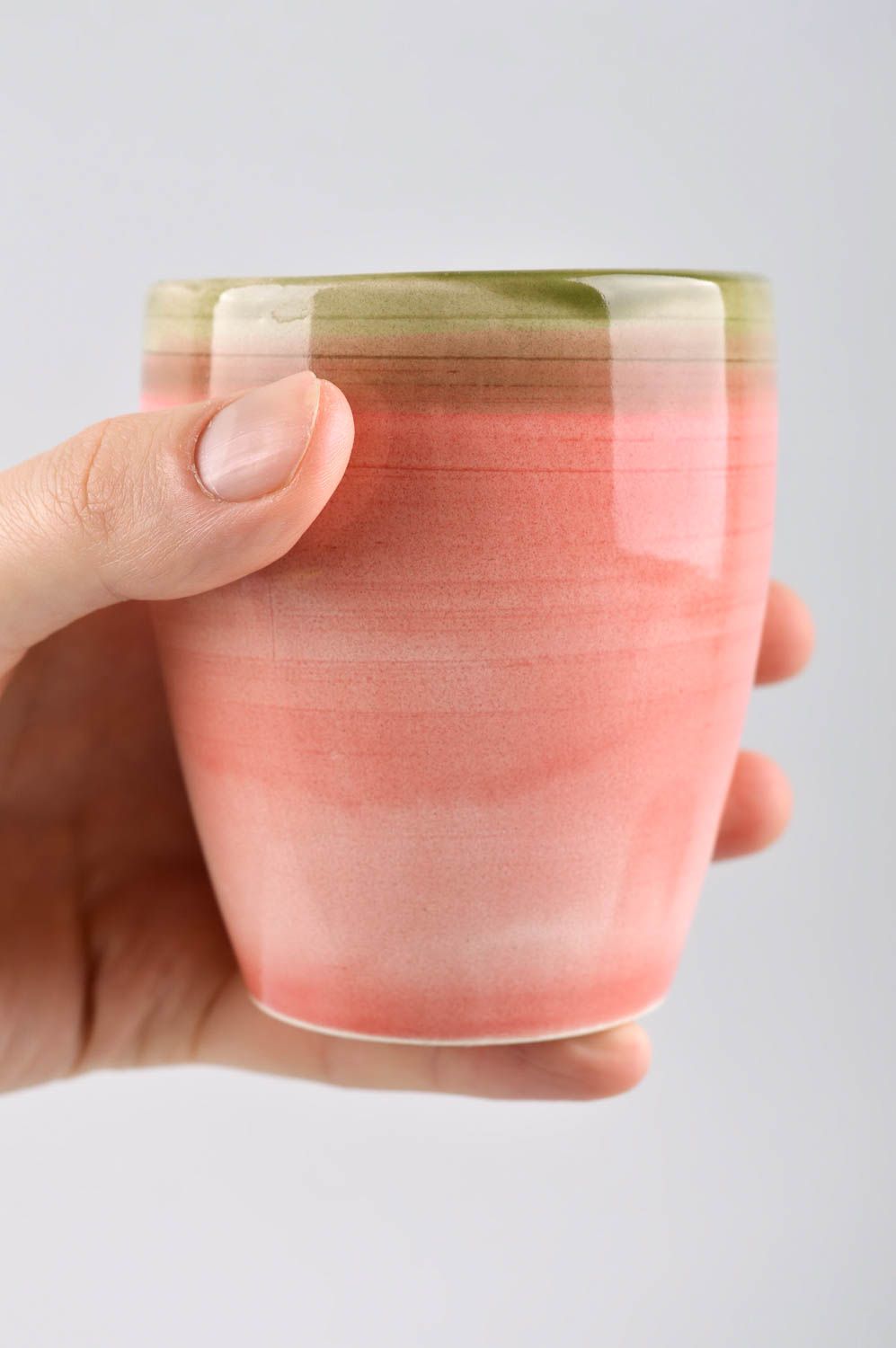 8 oz porcelain handmade art ceramic cup in pink color and light green glaze photo 5