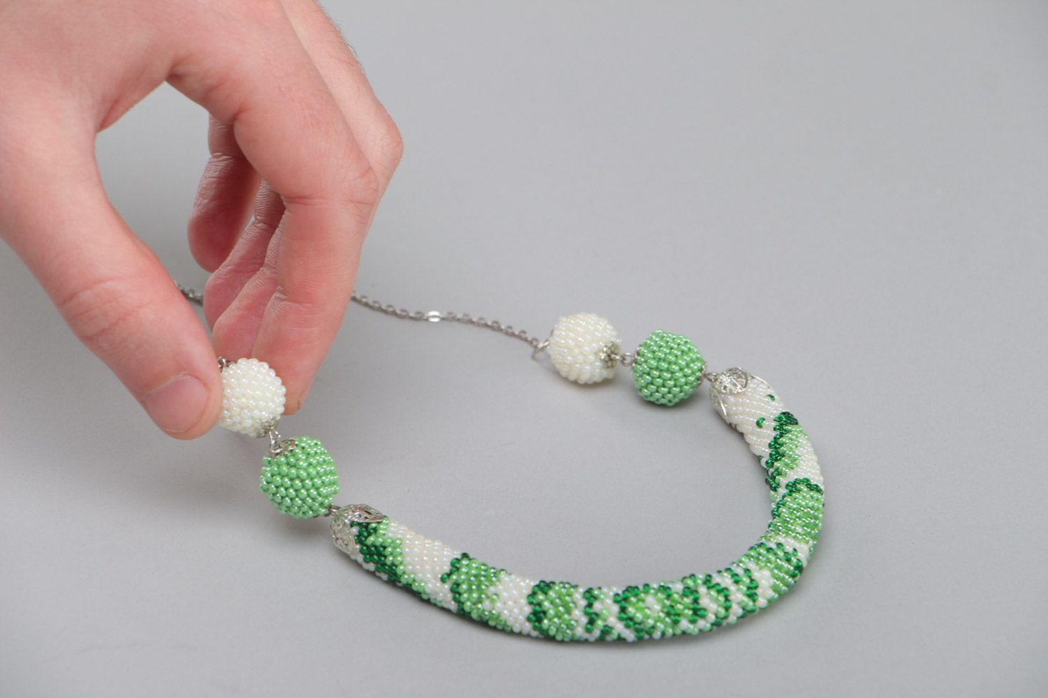 Unusual spring handmade Czech bead cord necklace of white and green colors photo 5