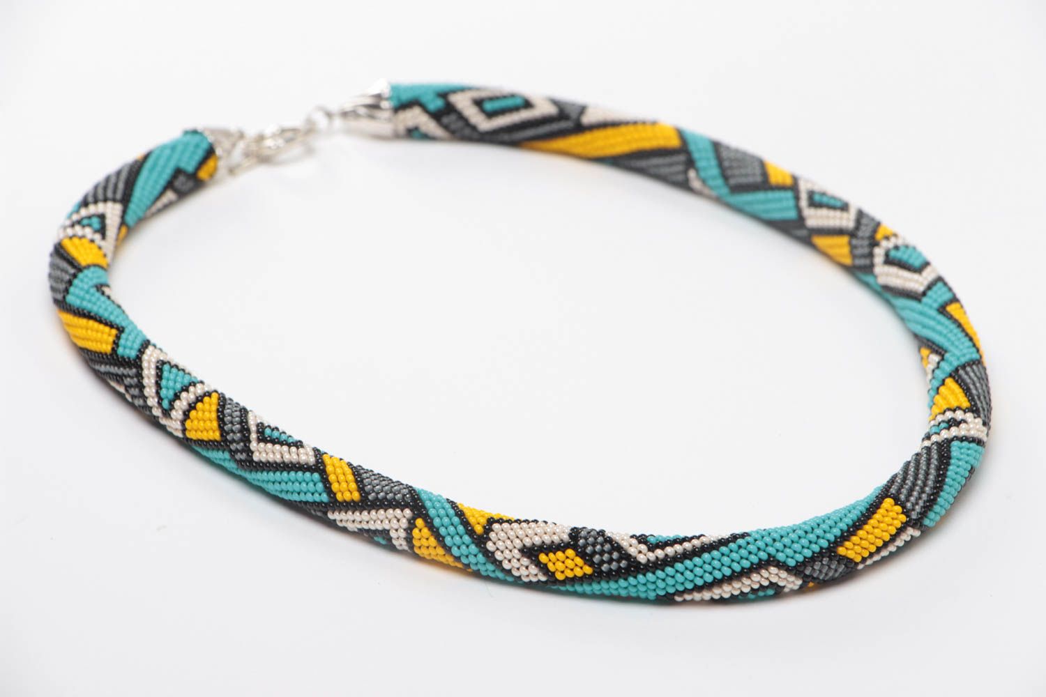 Handmade designer beaded cord necklace with yellow and blue geometric ornament   photo 3