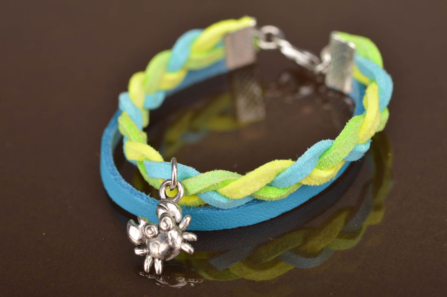 Handmade designer genuine leather cord wrist bracelet blue and yellow with charm photo 3