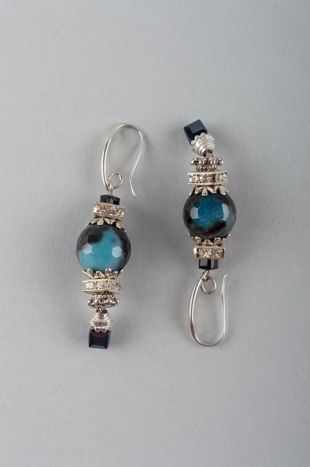Beautiful homemade designer brass earrings with agate beads and crystals photo 2