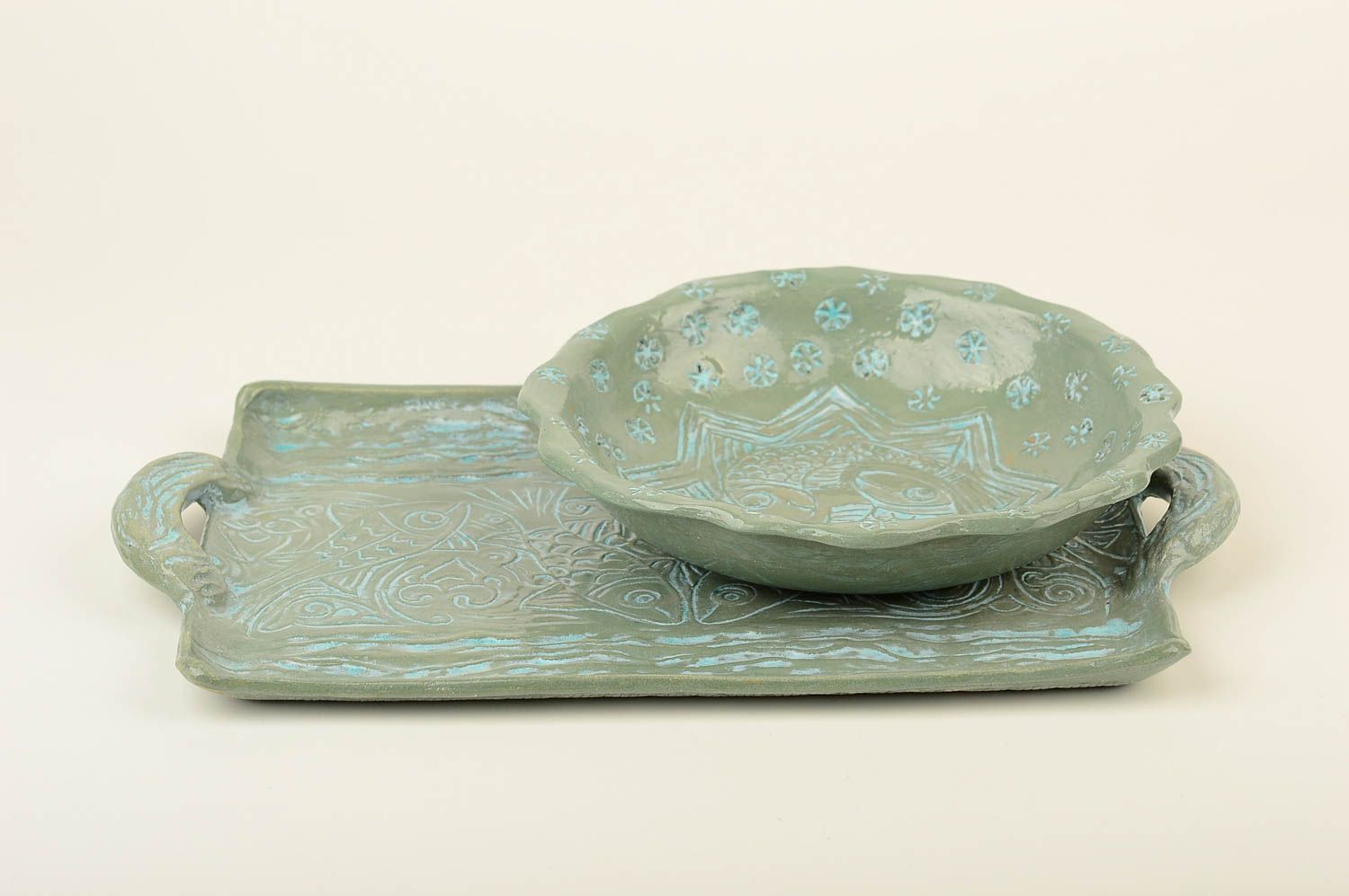 Geschirr Set handmade Keramik Tablett originell Deko Tablett Keramik Teller foto 3