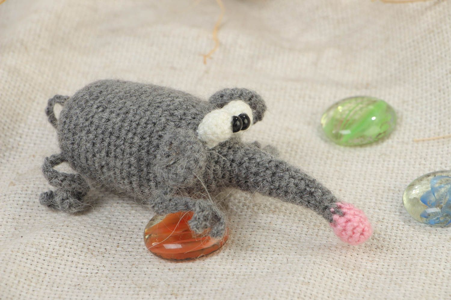 Handmade soft toy crocheted of acrylic threads funny gray mouse with long nose photo 1