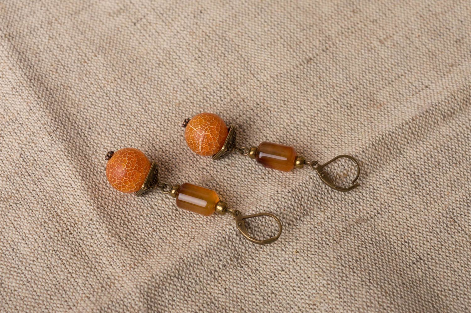 Refined handmade designer brass earrings with orange natural agate stone beads photo 1