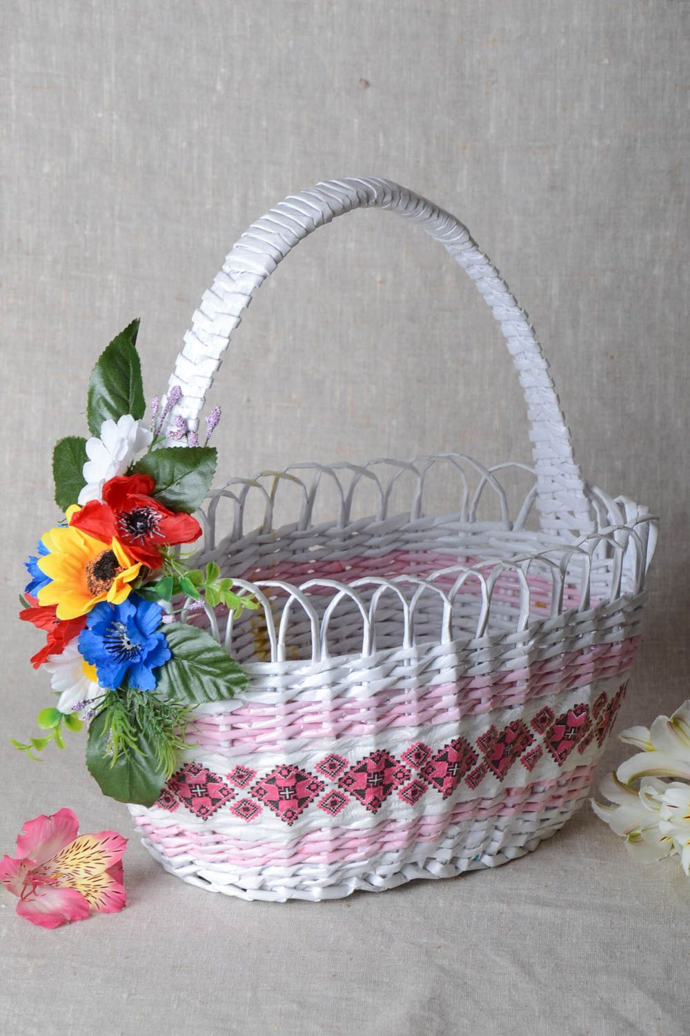 Handmade white-pink paper tubes basket with flowers for home interior decor photo 1