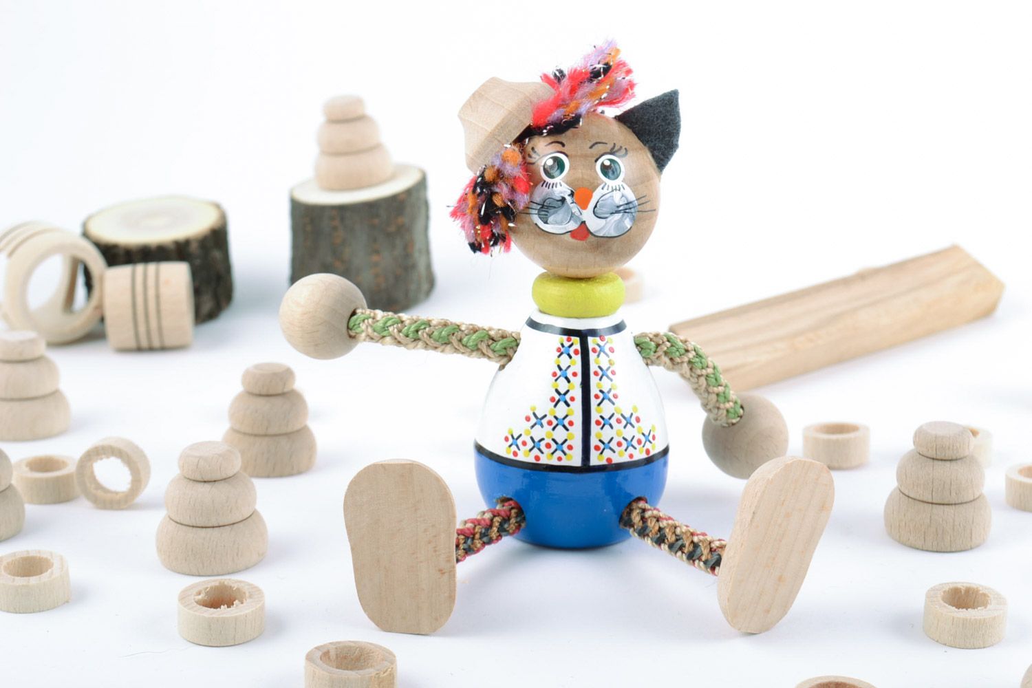 Unusual colorful handmade decorative wooden toy cat with eco painting  photo 1