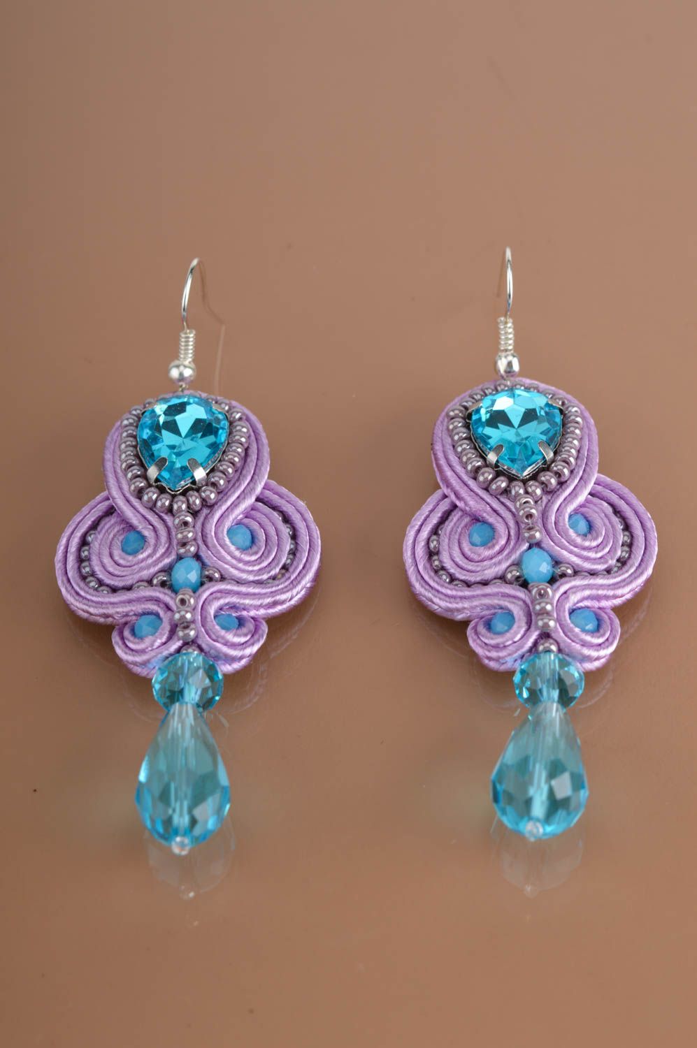 Beautiful homemade lilac and blue dangle earrings with Czech beads soutache  photo 2