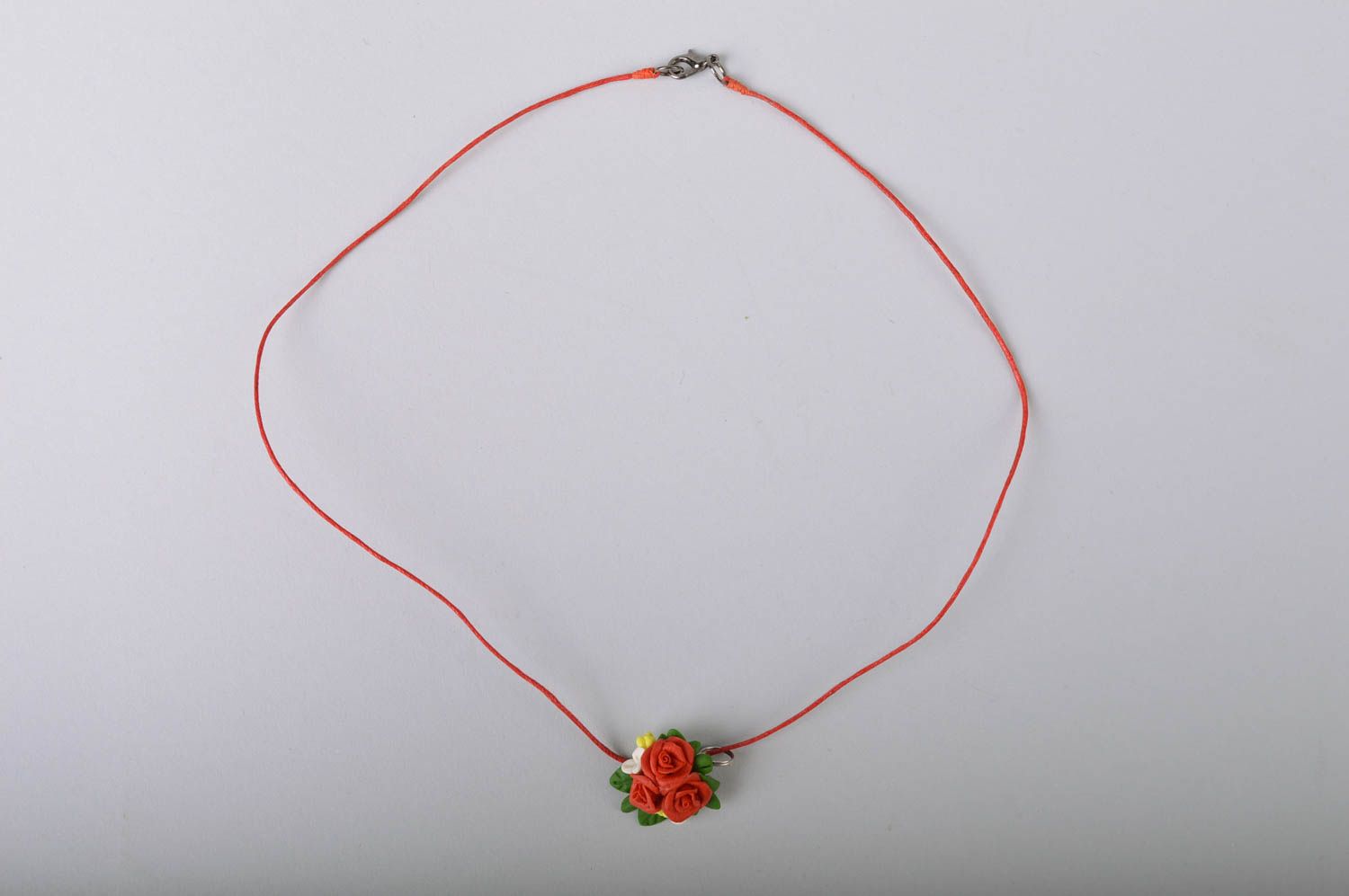 Handmade small floral cold porcelain pendant necklace red roses on cord photo 2