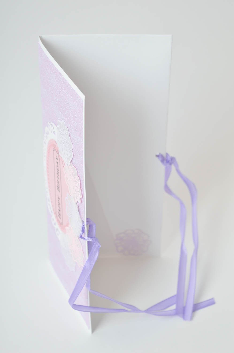 Carte de voeux faite main en papier mauve avec ruban anniversaire Petit cadeau photo 3