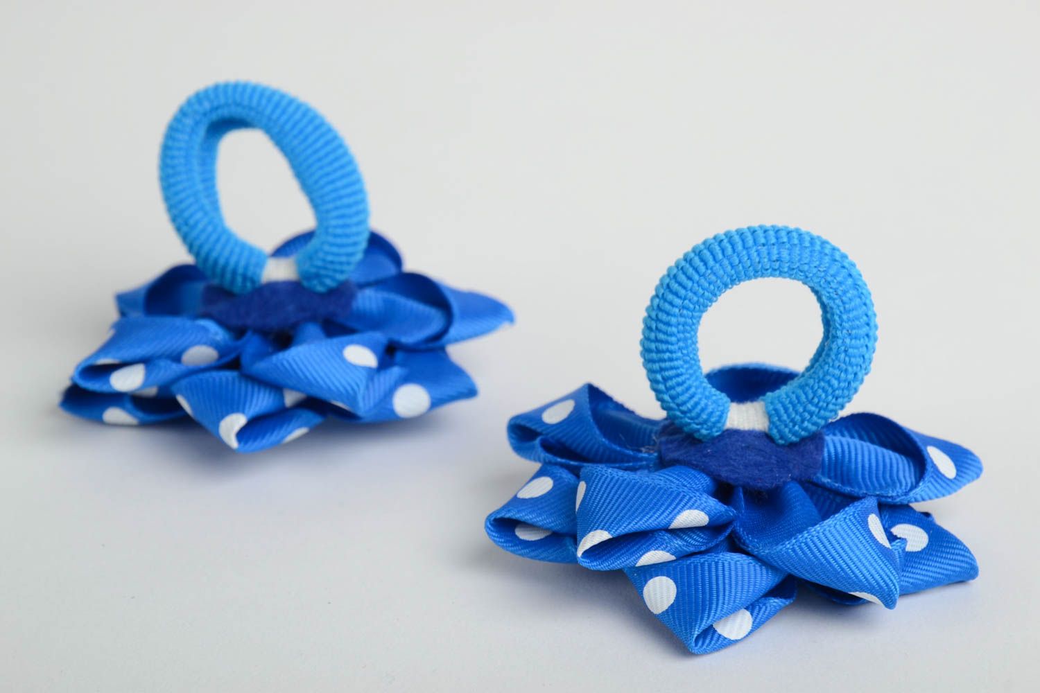 Set of 2 designer homemade hair ties with blue and white polka dot flowers photo 2