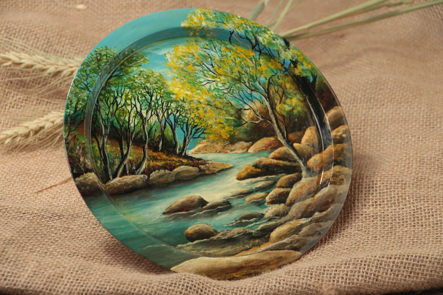 Handmade decorative round wooden wall plate with painting At the river photo 1