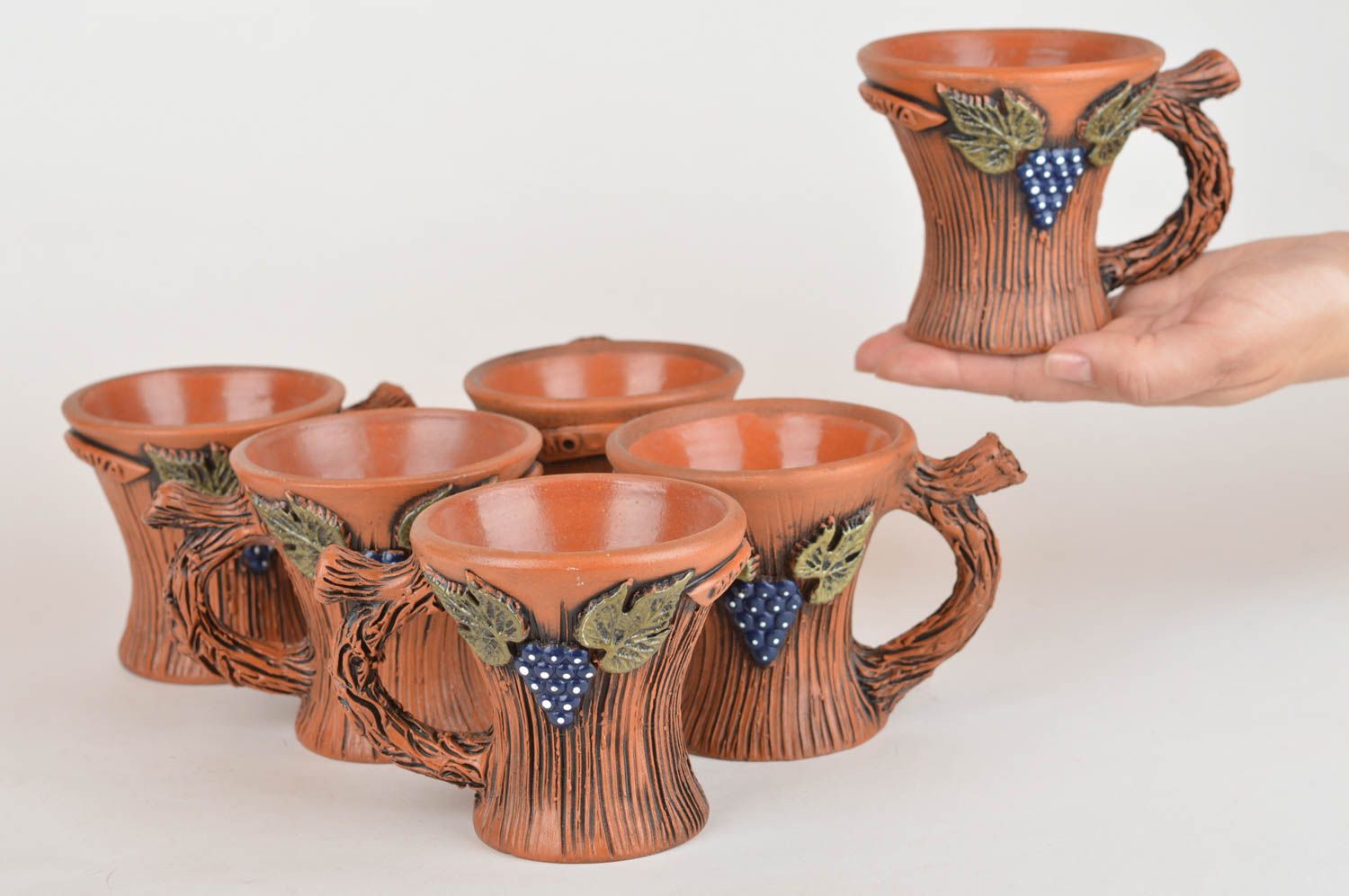 Tassen Set aus Keramik 6 Stück aus Ton in Braun mit Bemalung handmade 150 ml foto 3