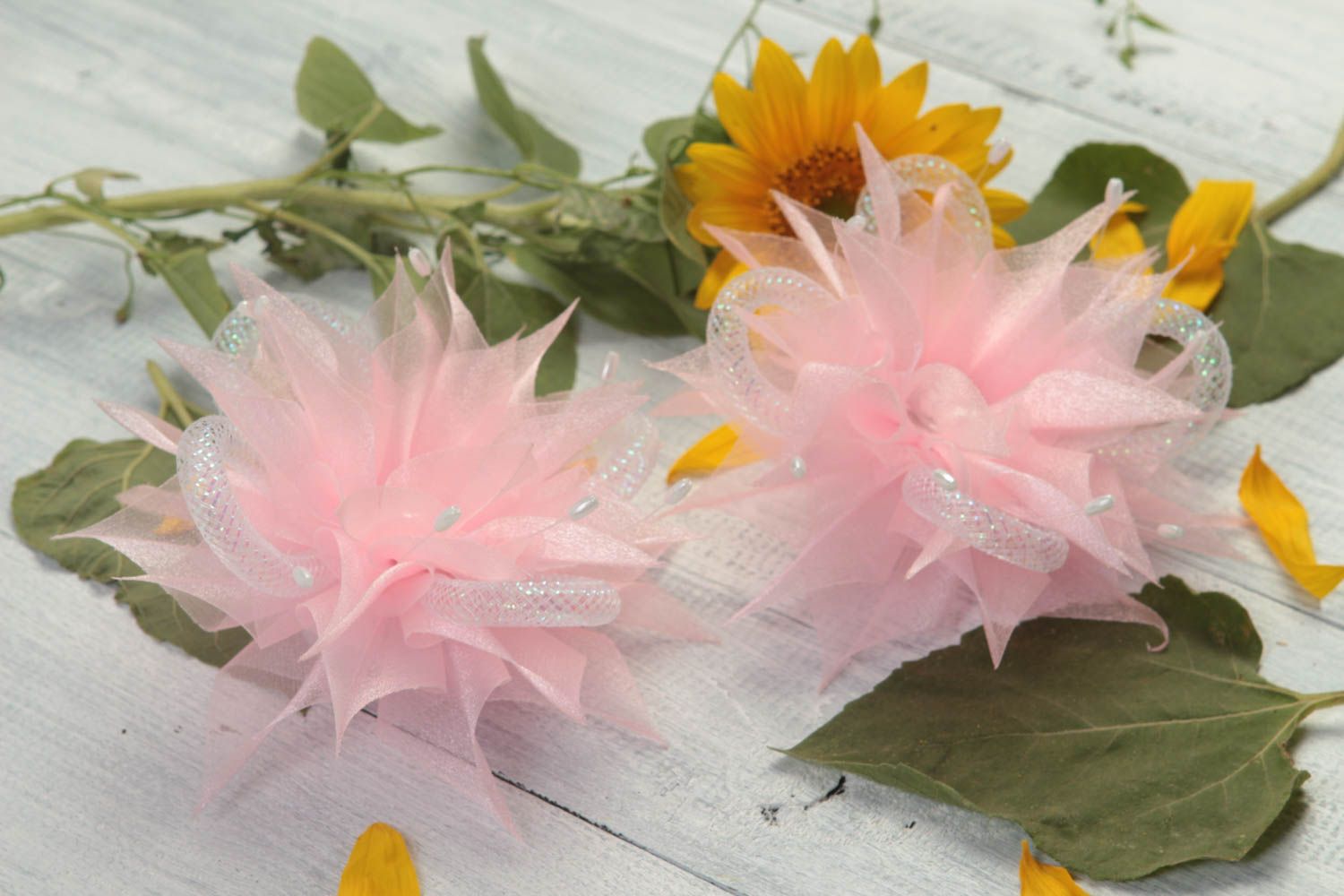 Резинки для волос в виде цветов комплект из 2 штук розовые ручной работы фото 1