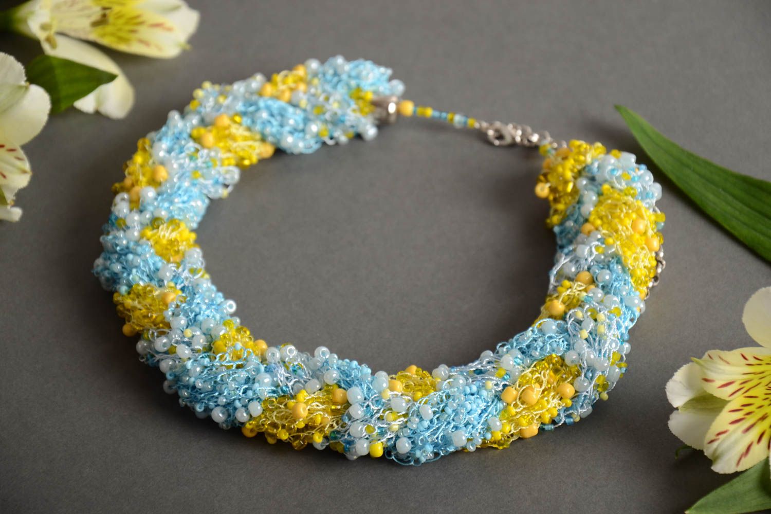 Handmade volume airy necklace crocheted of yellow and blue seed beads for women photo 1