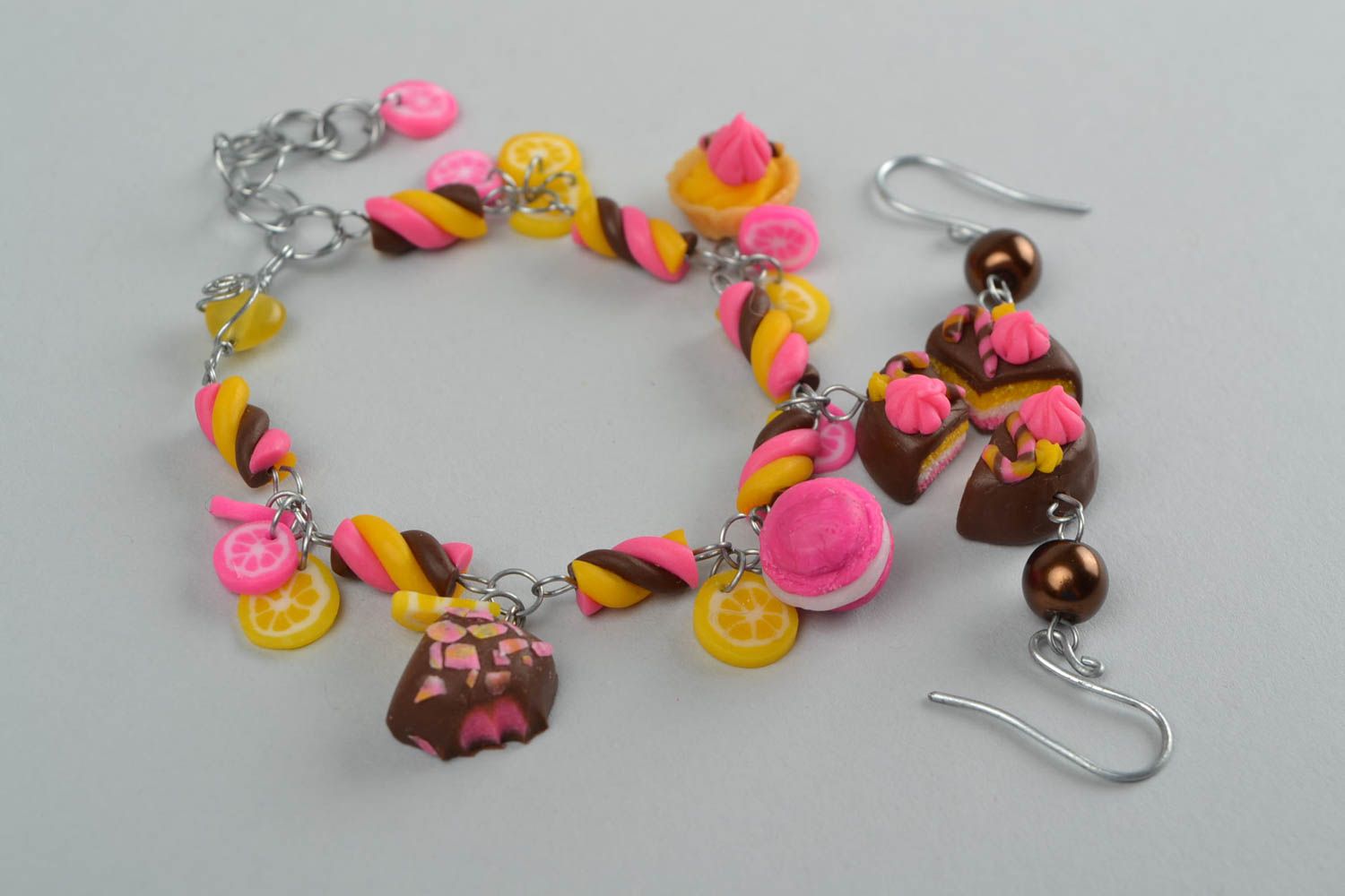 Designer jewelry set of handmade polymer clay earrings and bracelet Sweets photo 4