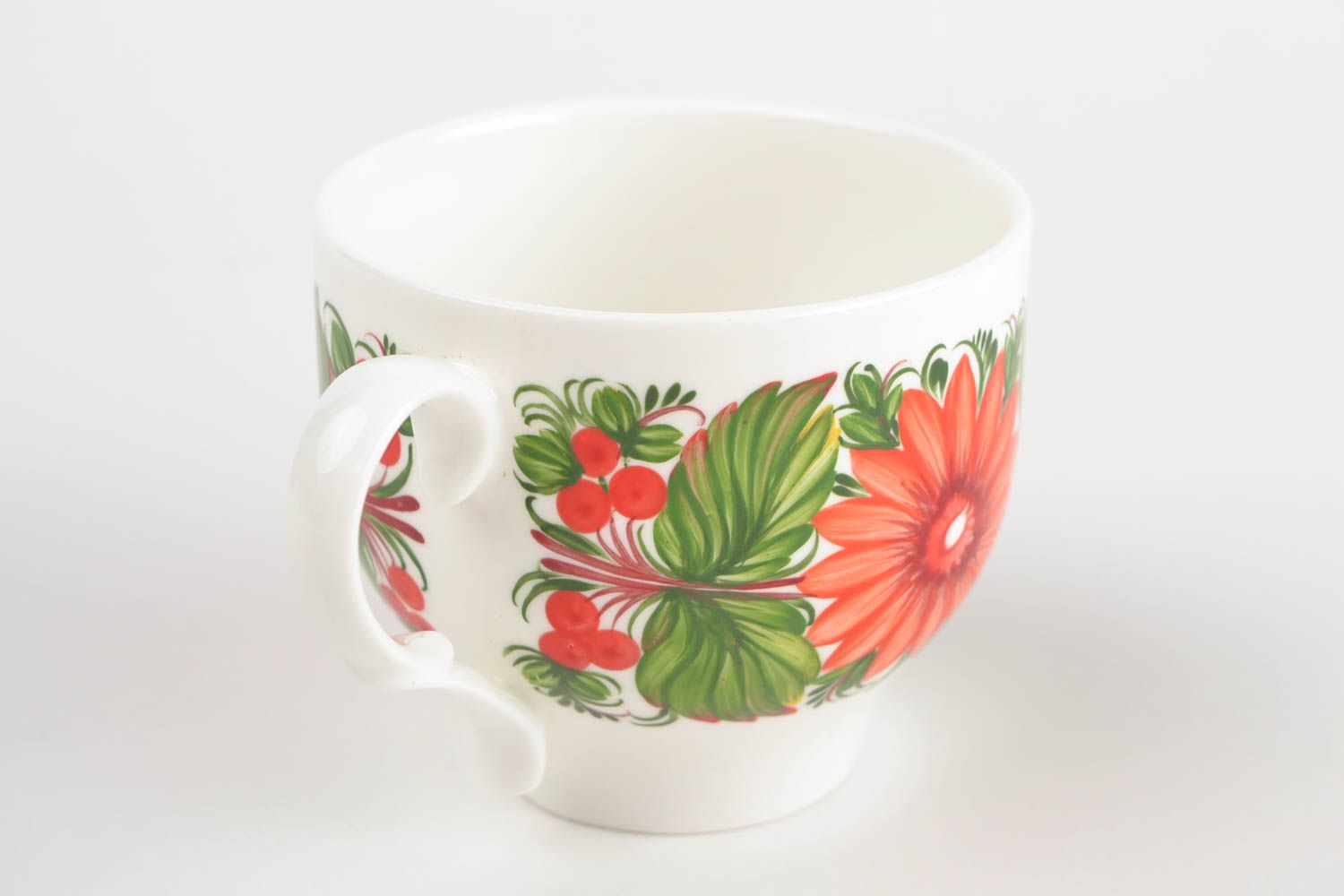 8 oz ceramic porcelain white coffee cup with Russian floral pattern in red and green color photo 4