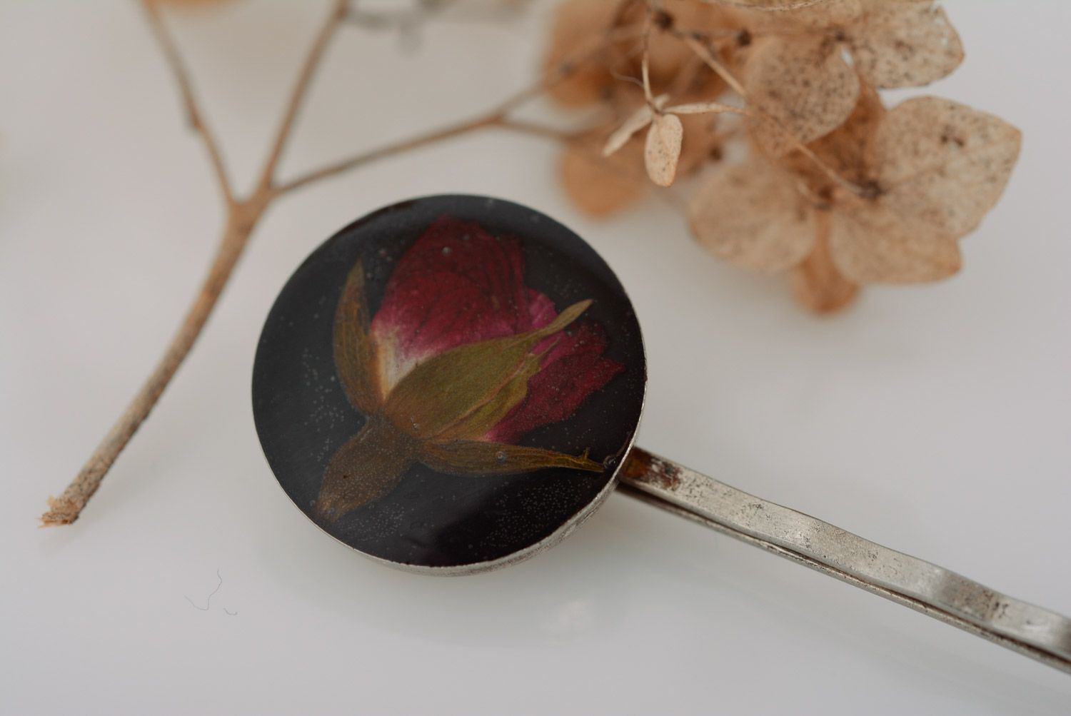 Handmade dark round metal hair pin with dried flower in epoxy resin Rose photo 1