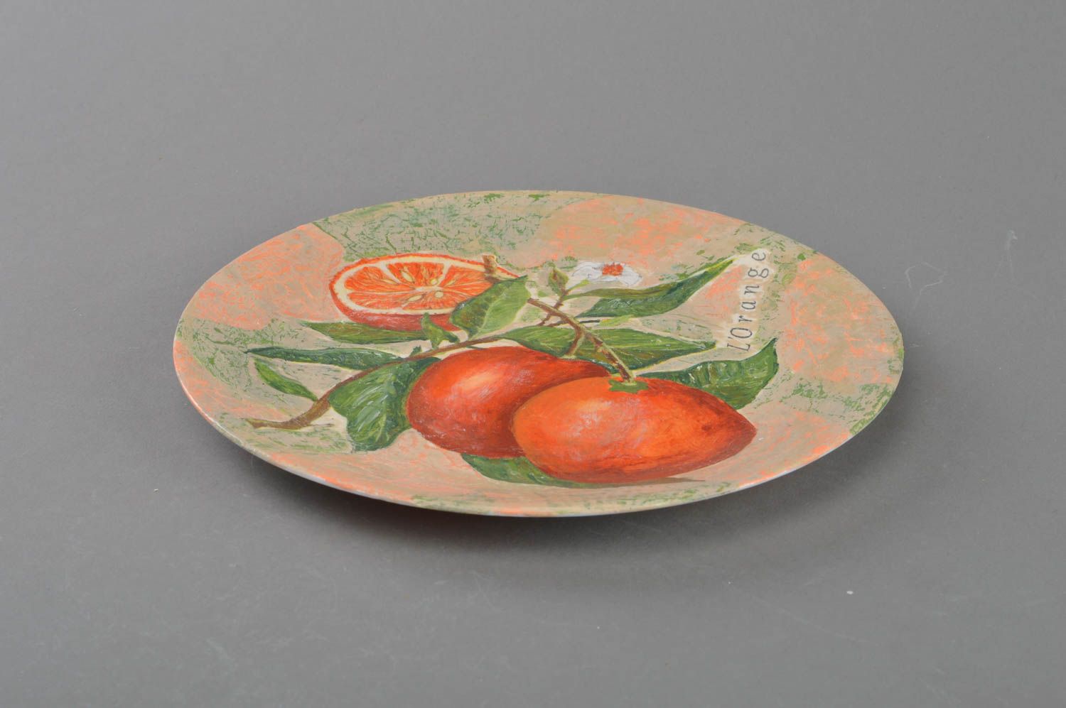 Стеклянная тарелка в технике декупаж ручной работы для декора дома Апельсины фото 2
