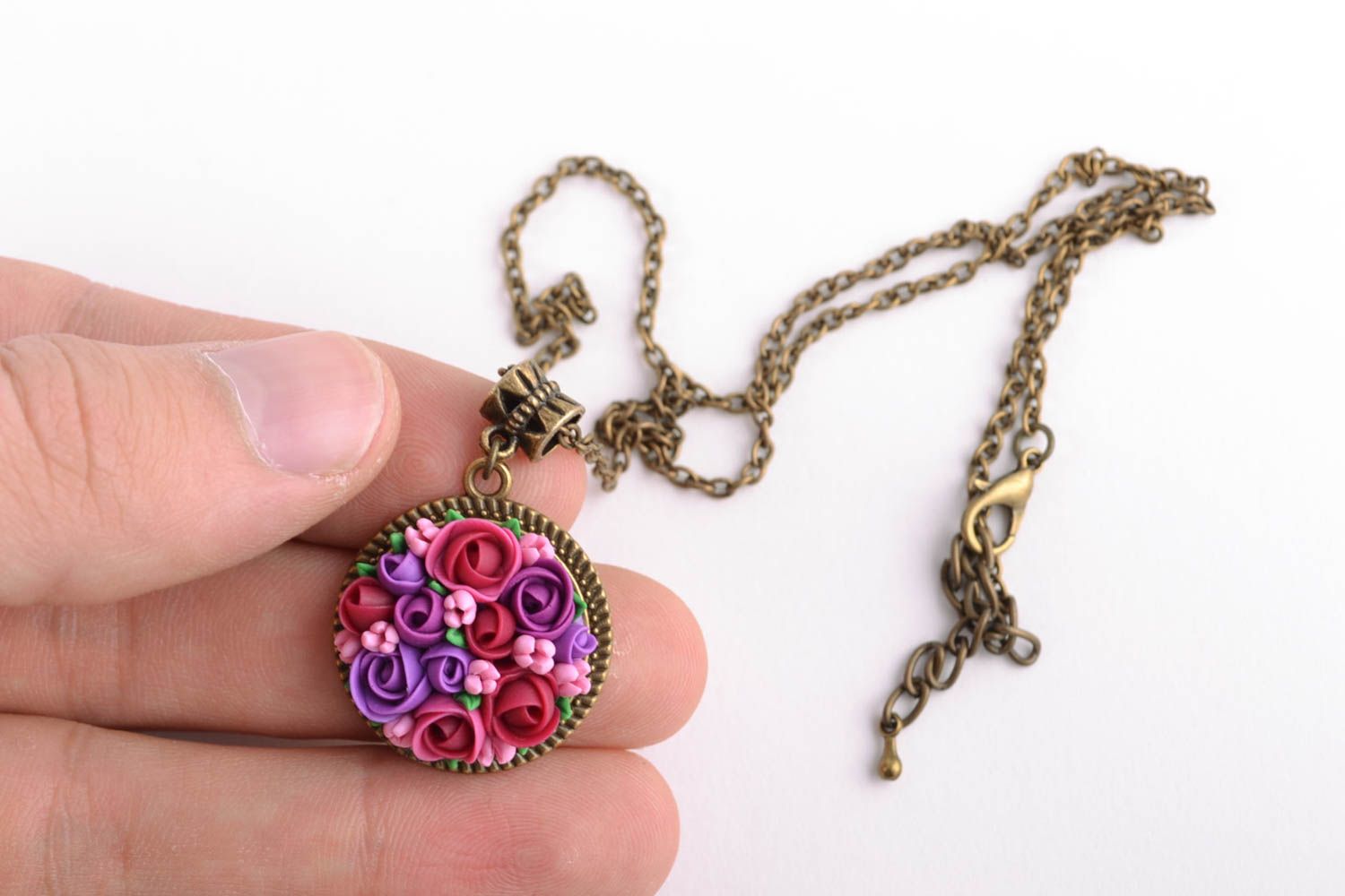 Handmade floral polymer clay pendant on chain photo 2