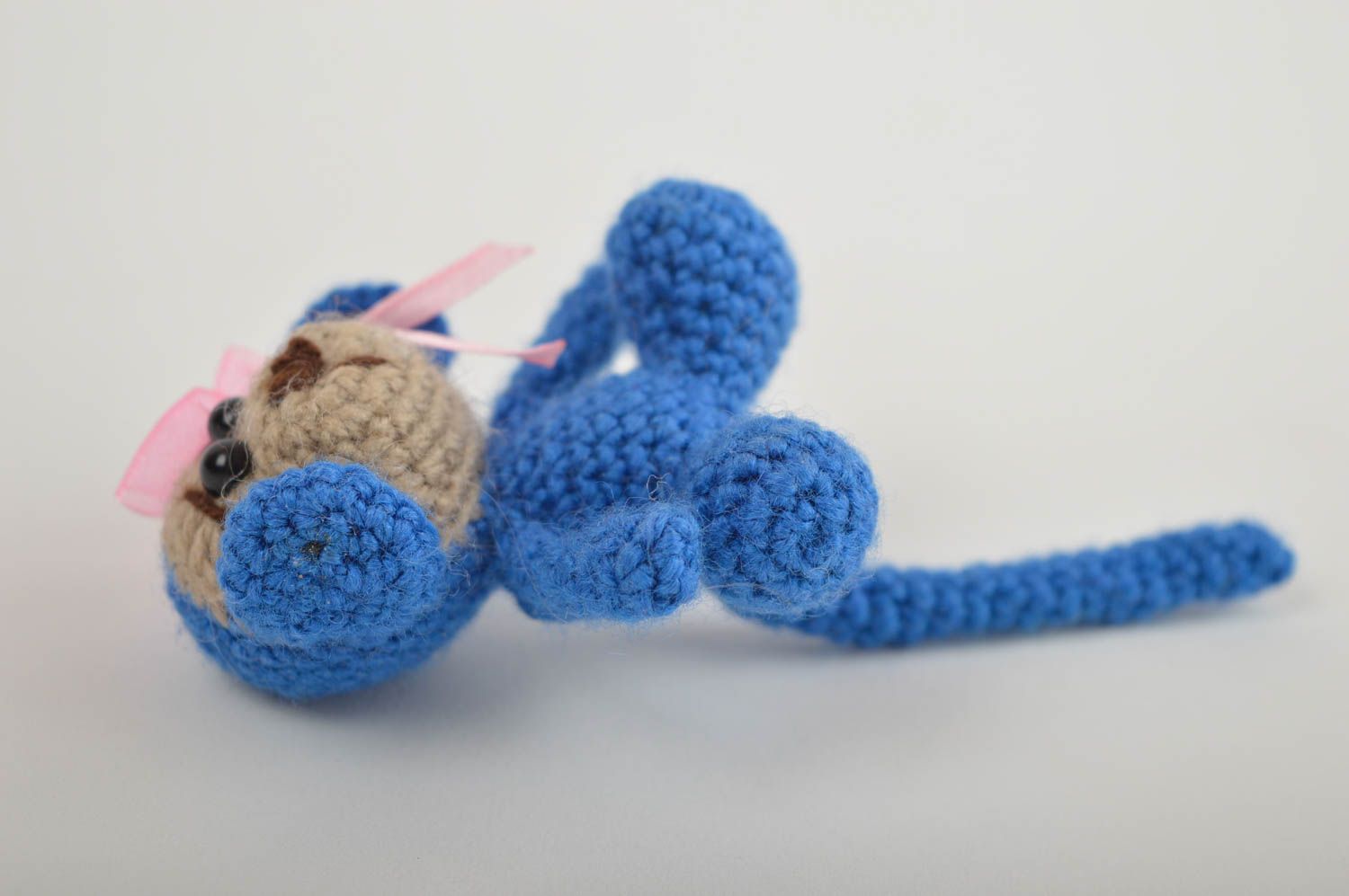 Knitted stuffed blue little monkey girl. 3,5 inches tall photo 4