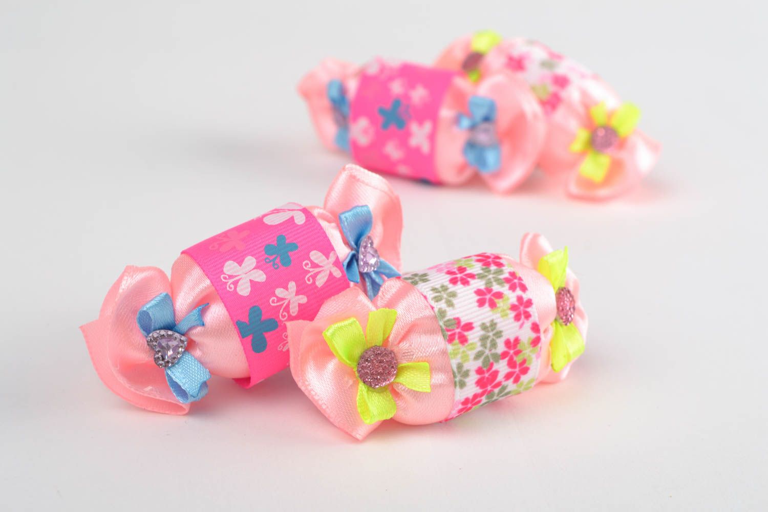 Children's handmade designer textile ribbon hair ties set 4 pieces Candies photo 1
