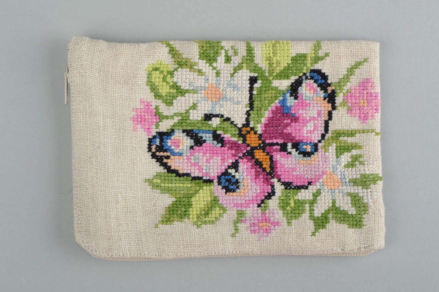 Handmade designer hemp fabric mobile phone case with embroidered flowers photo 4