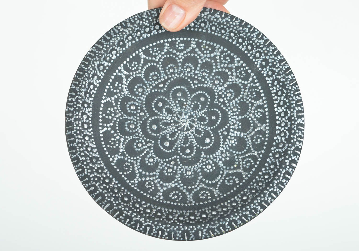 Handmade decorative ceramic wall plate black and white ornamented with acrylics photo 5