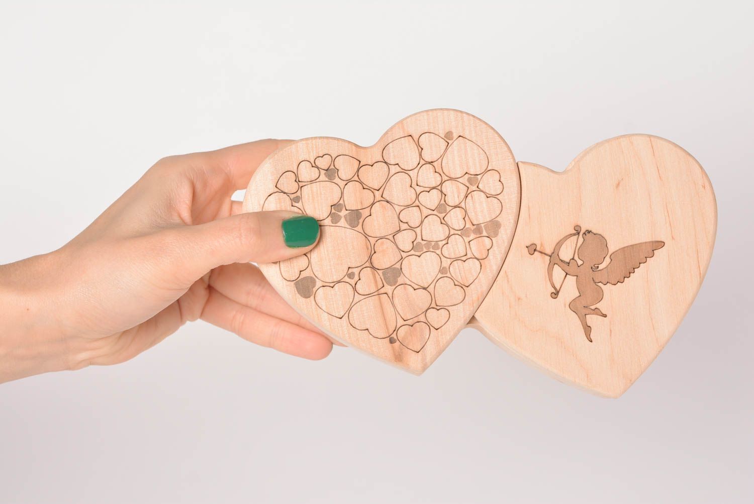 Boîte en bois fait main Coffret à bijoux deux cœurs Décoration maison photo 2