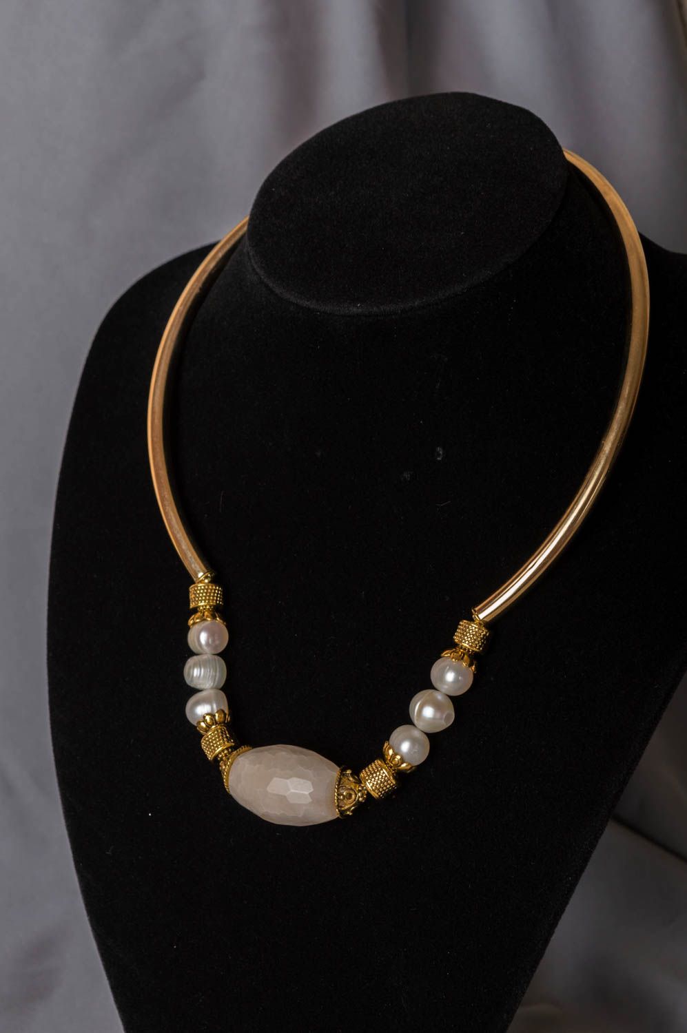 Beautiful stylish brass handmade designer grey pearl necklace with agate photo 1