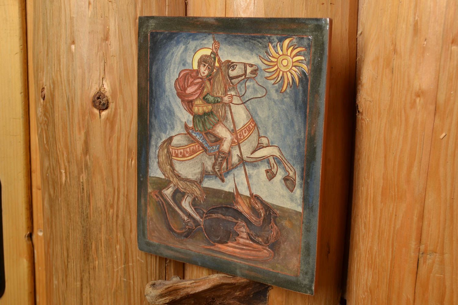 Ceramic tile Saint George painted with engobes beautiful handmade wall panel photo 1
