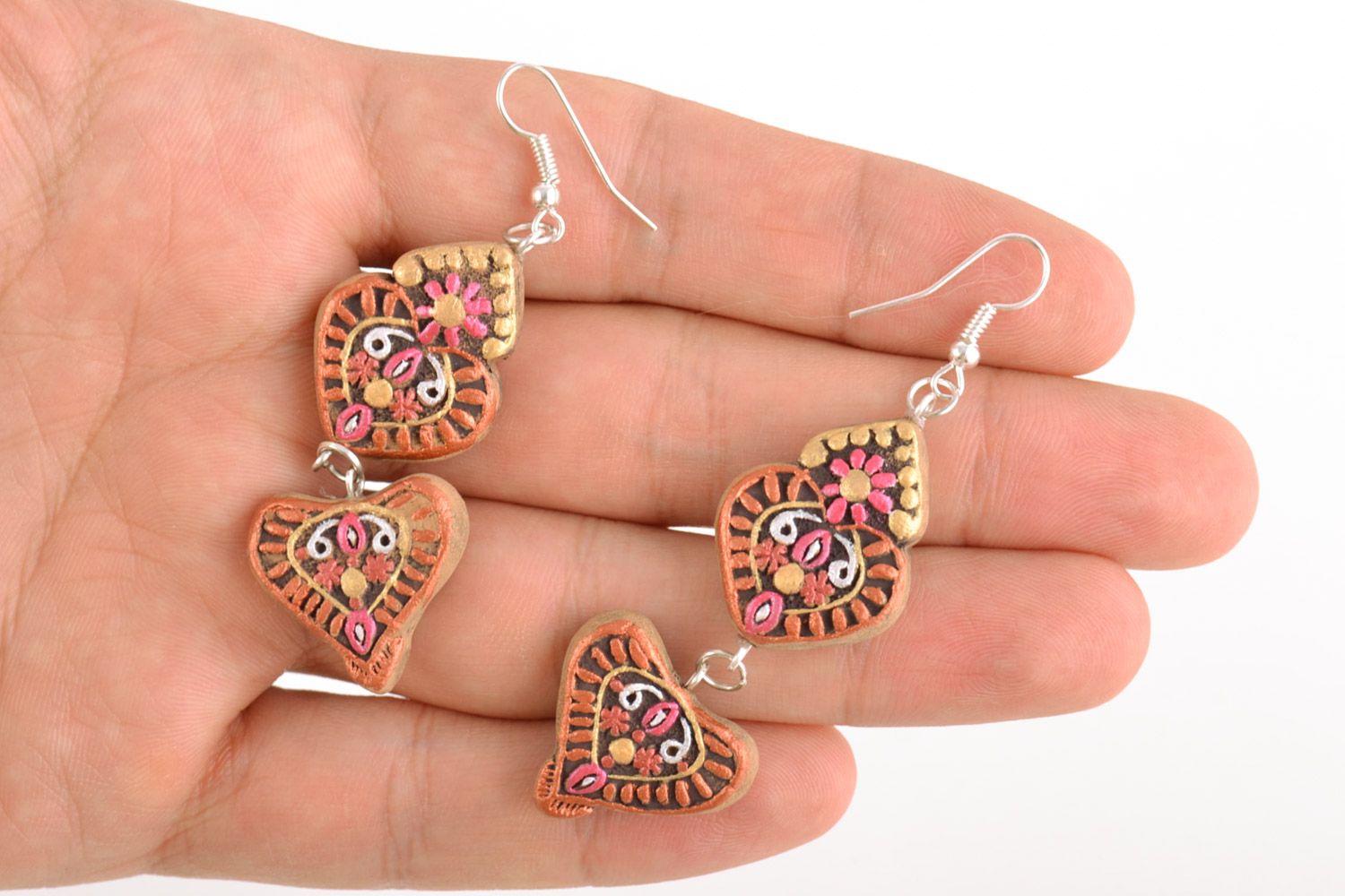 Handmade long dangling ceramic earrings painted with acrylics in ethnic style photo 2