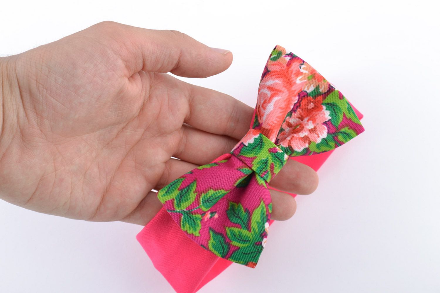 Handmade satin ribbon flower hair strap with bow and flower print photo 2