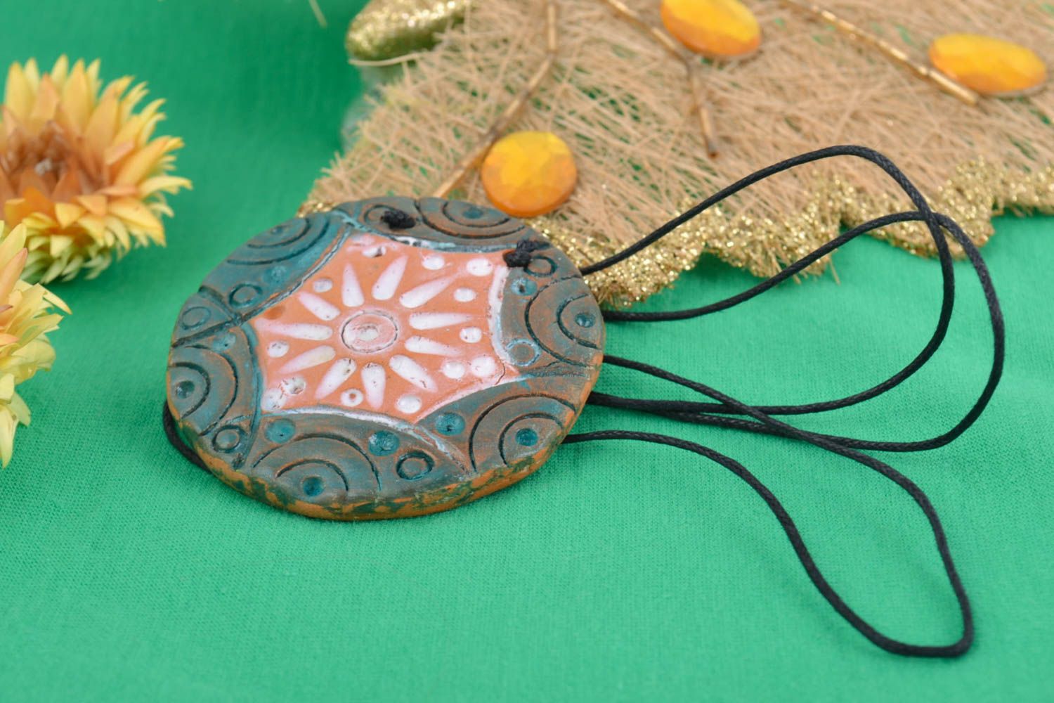 Handmade clay pendant on long cord round unusual stylish accessory for women photo 1